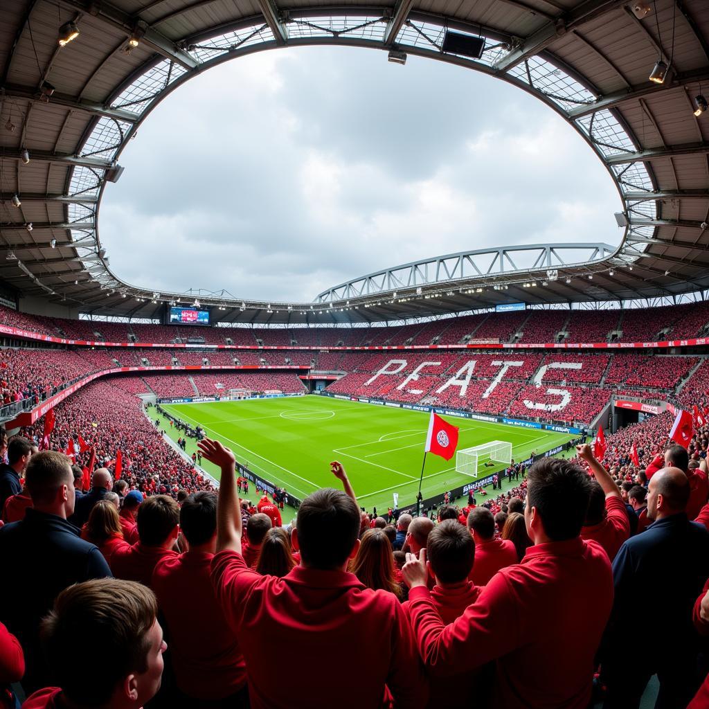 Fans von Bayer Leverkusen feiern im Stadion