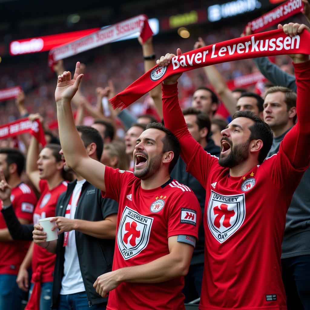 Fans von Bayer Leverkusen feiern im Stadion