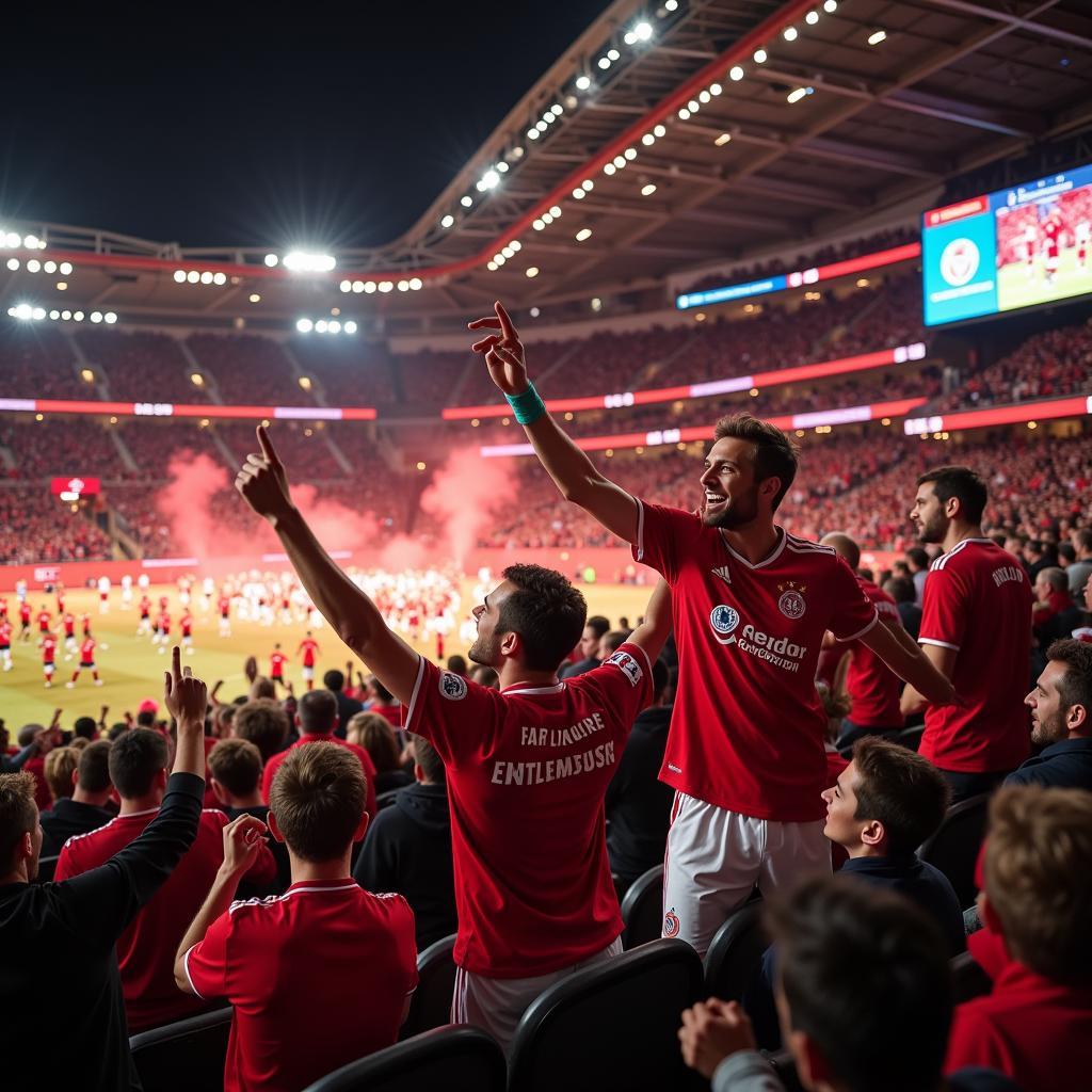 Feiernde Bayer Leverkusen Fans im Stadion