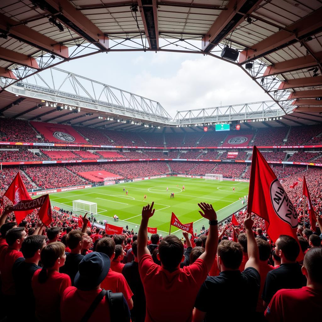 Euphorische Bayer Leverkusen Fans feiern im Stadion