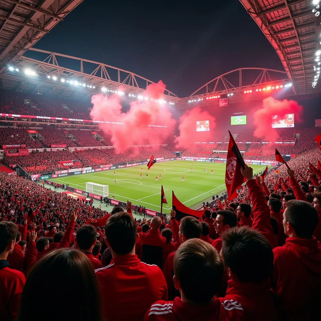 Jubelnde Bayer Leverkusen Fans im Stadion