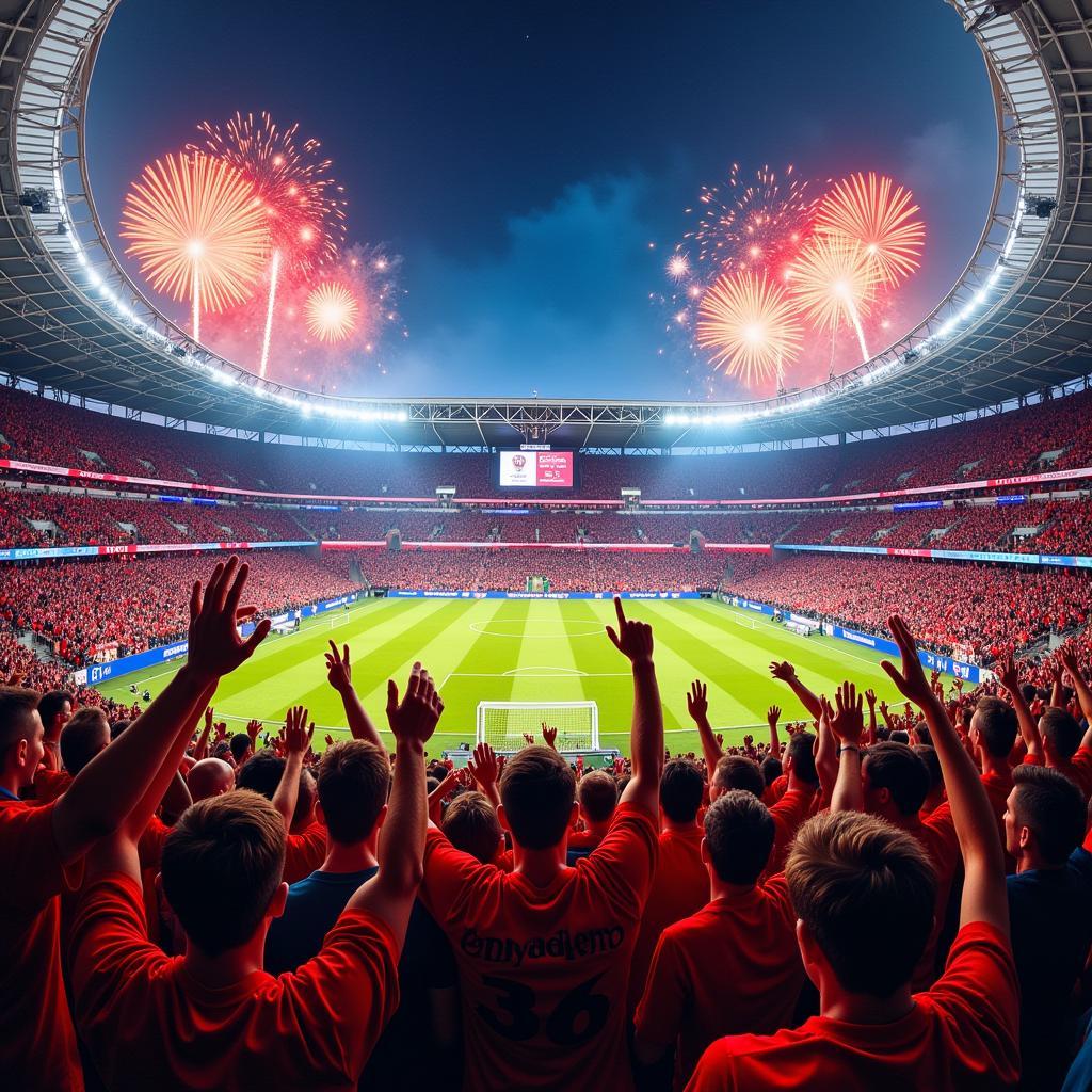 Gemälde von jubelnden Bayer Leverkusen Fans vor der BayArena