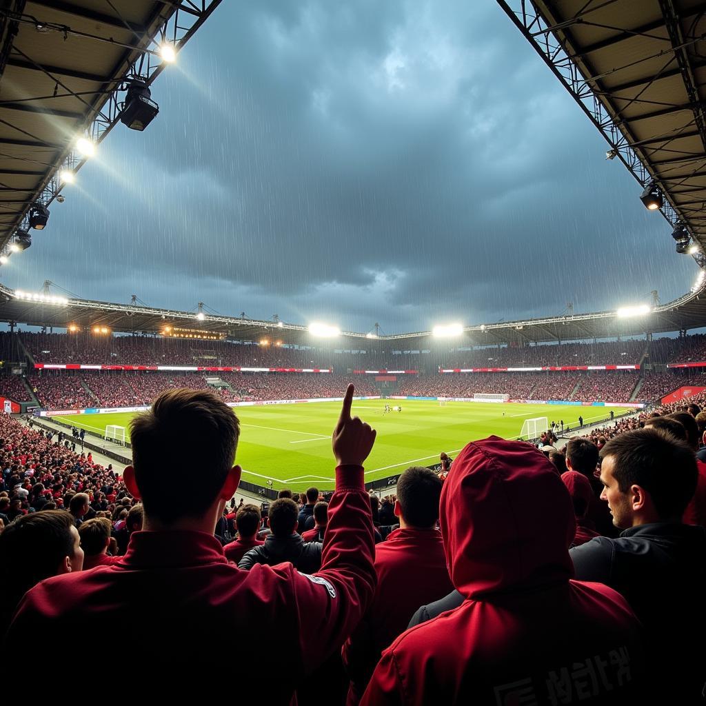 Fans von Bayer Leverkusen im Stadion bei Regen