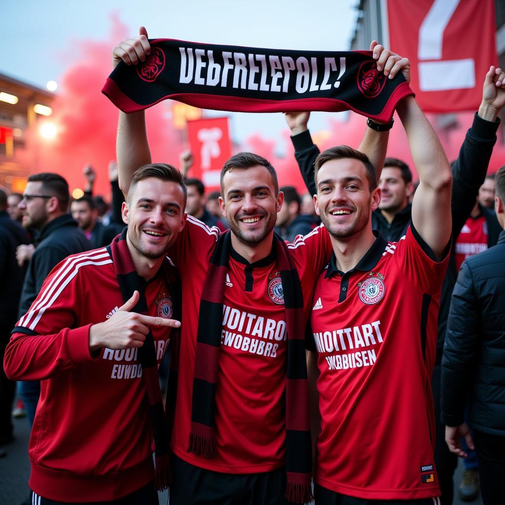 Euphorische Bayer 04 Leverkusen Fans feiern vor dem Stadion