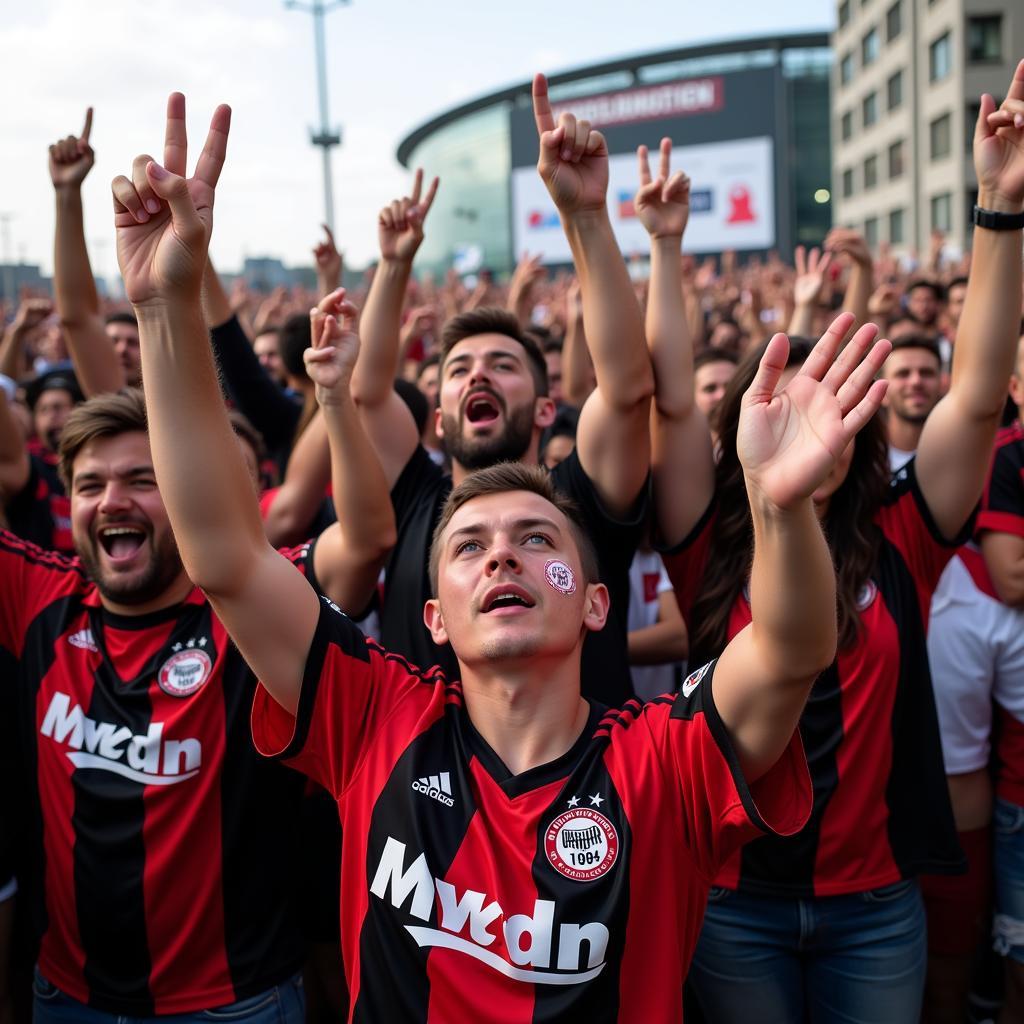 Begeisterte Bayer Leverkusen Fans in den Farben des Vereins versammeln sich vor dem Stadion an der Bahnhofstraße.