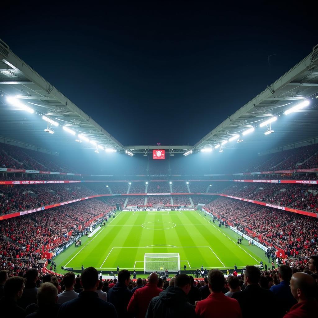 Spektakuläre Stadionatmosphäre bei einem Flutlichtspiel zwischen Bayer Leverkusen und dem FC Bayern München