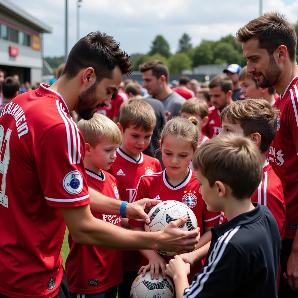 Junge Fußballer erhalten Autogramme von Bayer Leverkusen Spielern