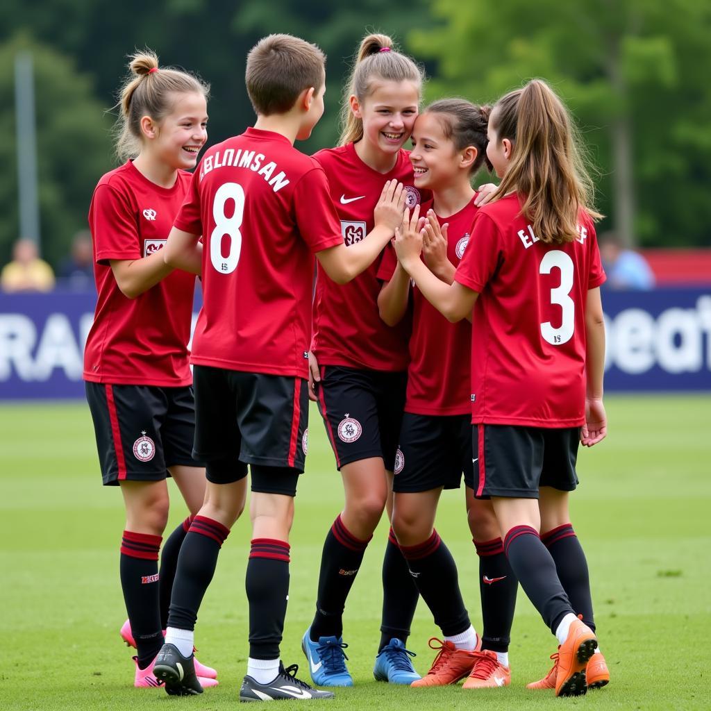 Junge Fußballer beim Jubel nach einem Tor beim Bayer Leverkusen Feriencamp