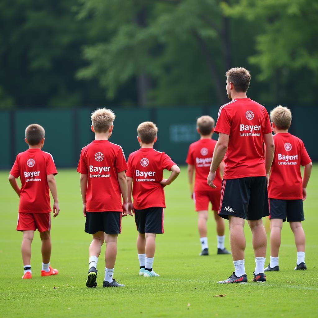 Junge Fußballer trainieren auf dem Platz beim Bayer Leverkusen Feriencamp