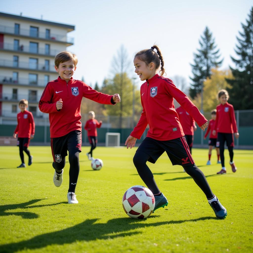 Kinder trainieren begeistert in der Fußballschule von Bayer 04 Leverkusen