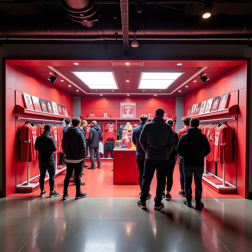 Fans im Fanshop des Bayer Leverkusen Gebäude 4818