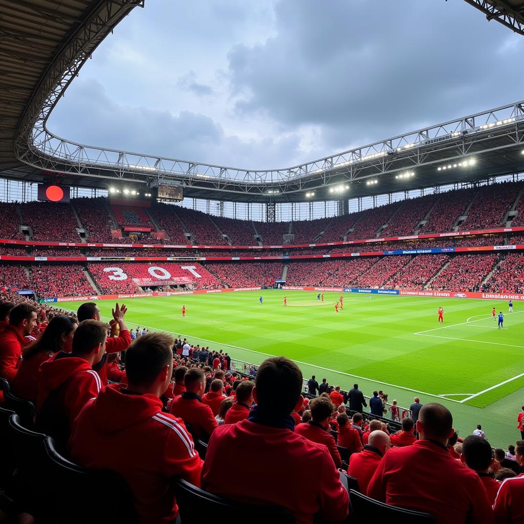 Das heutige Bayer Leverkusen Stadion mit feiernden Fans