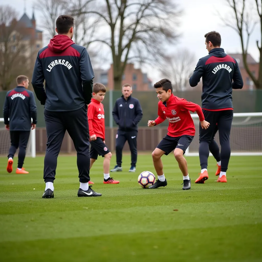 Junge Fußballer trainieren in der Bayer Leverkusen Jugendakademie