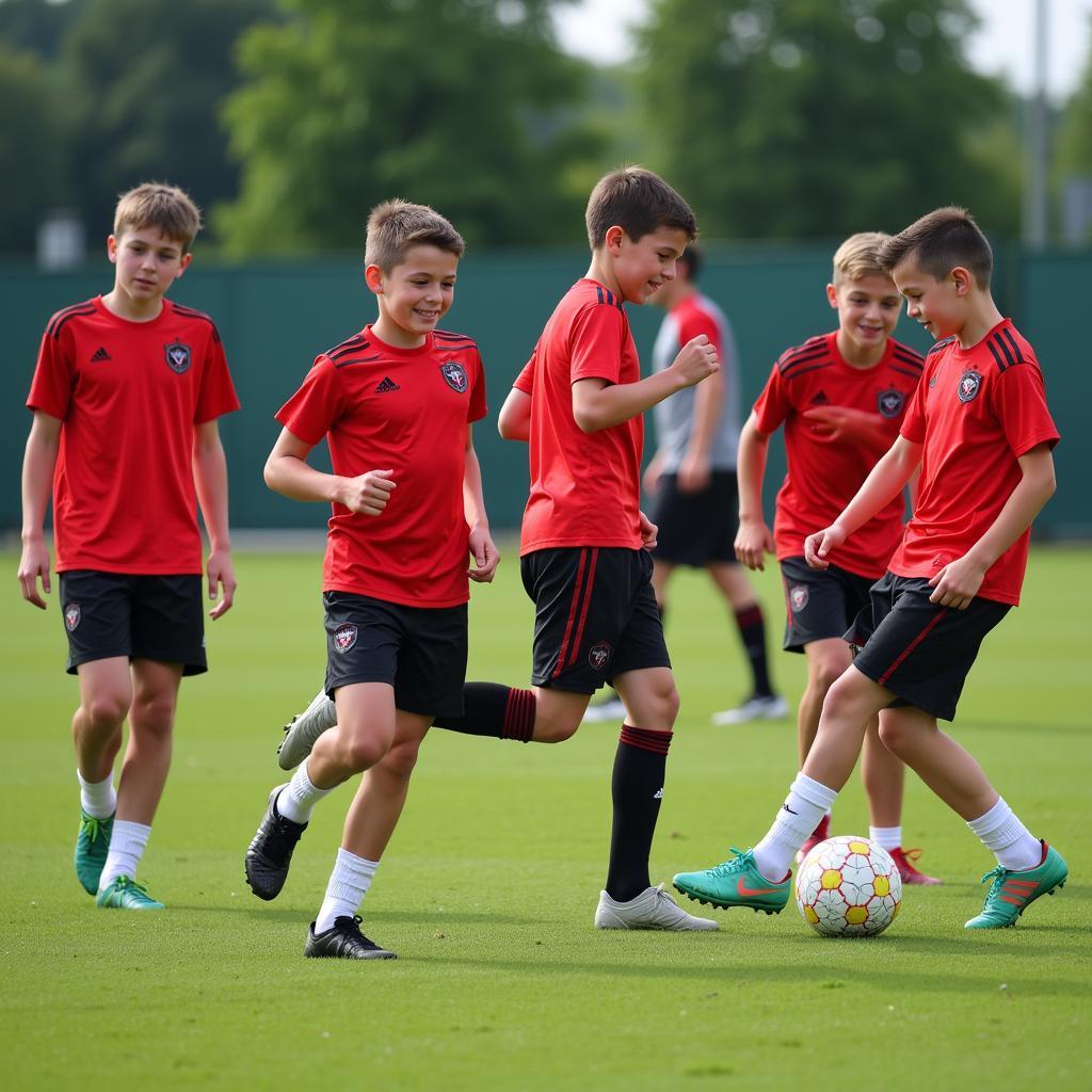 Junge Fußballer beim Training auf dem Rasenplatz der Bayer 04 Fußballschule