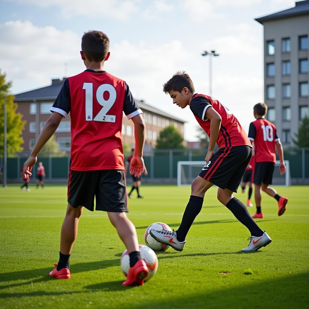 Junge Fußballer des Bayer Leverkusen trainieren auf einem städtischen Sportplatz