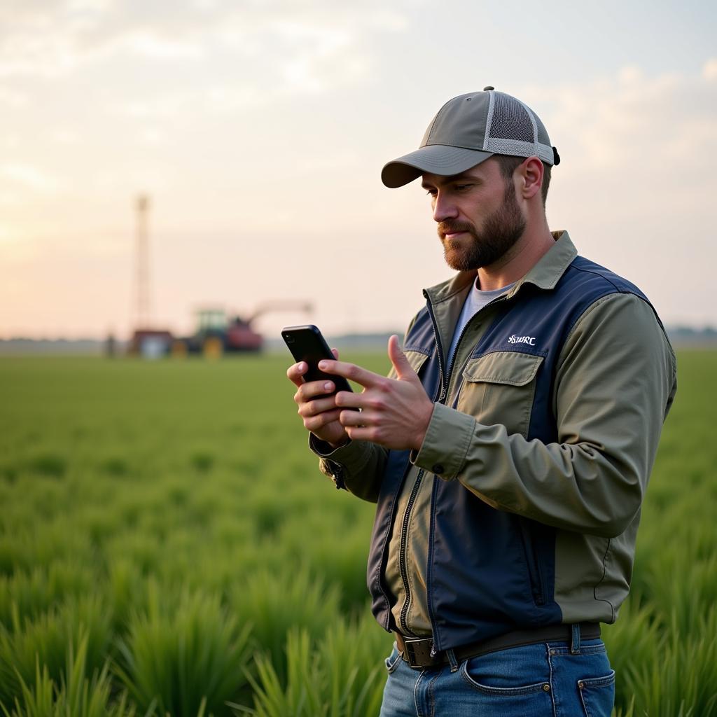 Ein Landwirt in Bayer Leverkusen überprüft eine Wetter-App auf seinem Smartphone.