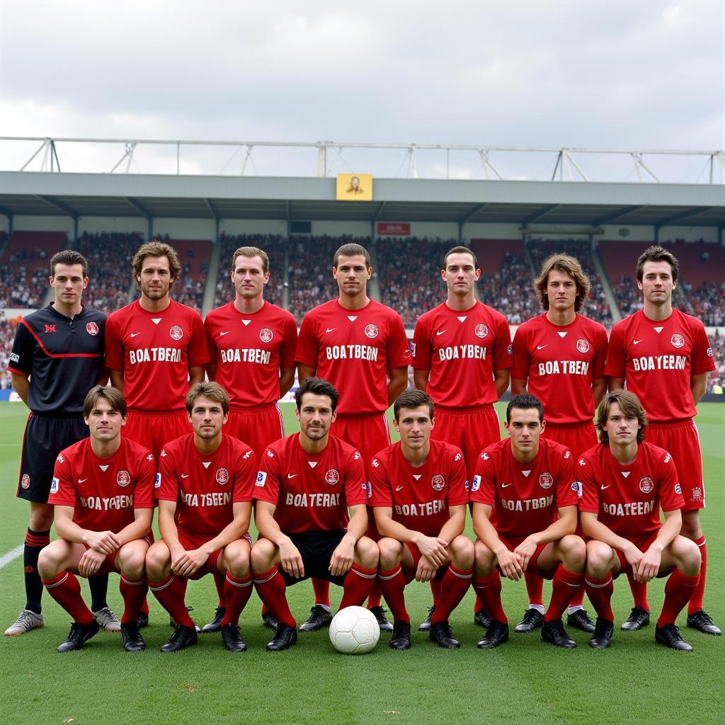 Die Bayer Leverkusen Mannschaft der Saison 1996/97 posiert für ein Foto.