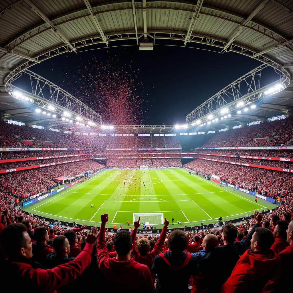 Jubelnde Bayer Leverkusen Fans bei einem Heimspiel