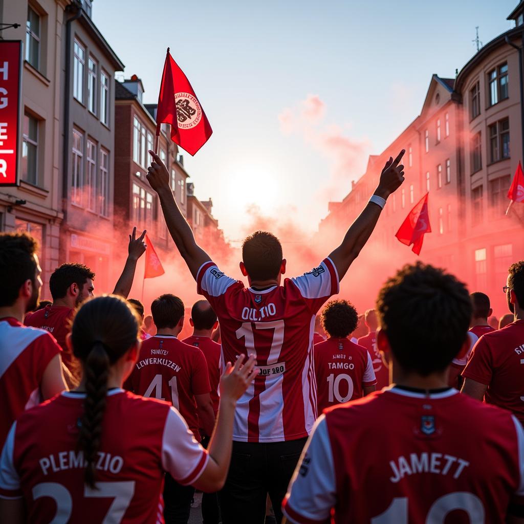 Fans von Bayer Leverkusen feiern in Leverkusen Mitte