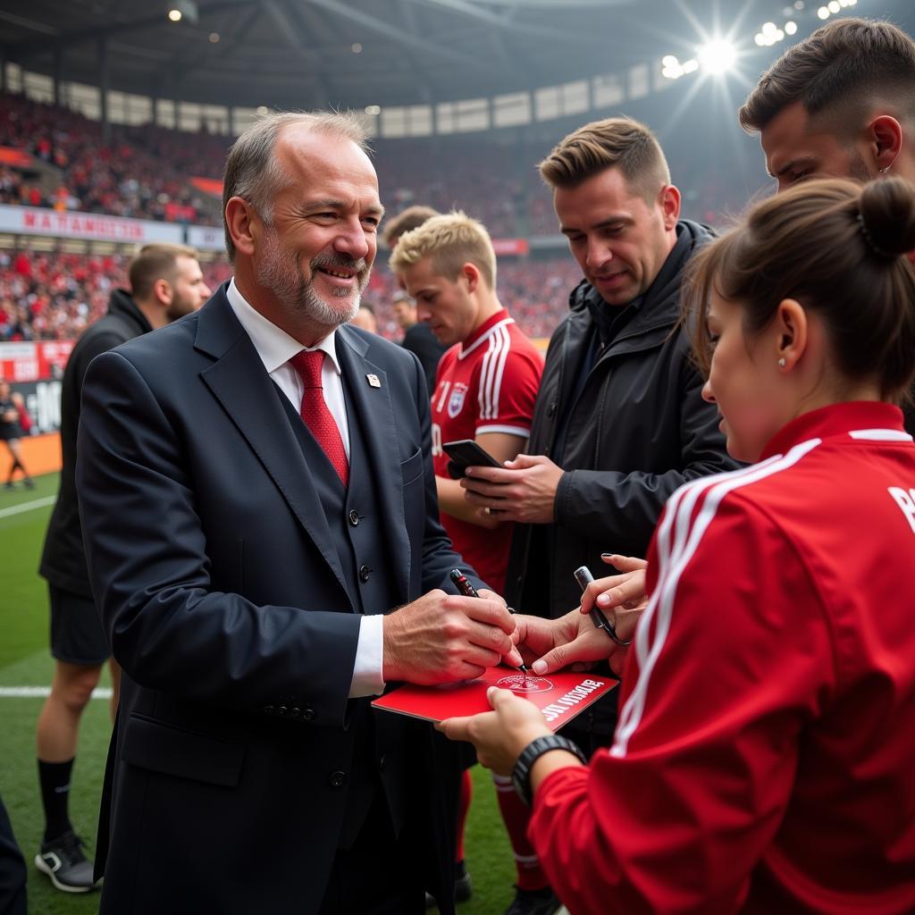 Bayer Leverkusen Präsident im Austausch mit Fans - Nähe zum Verein und seinen Anhängern