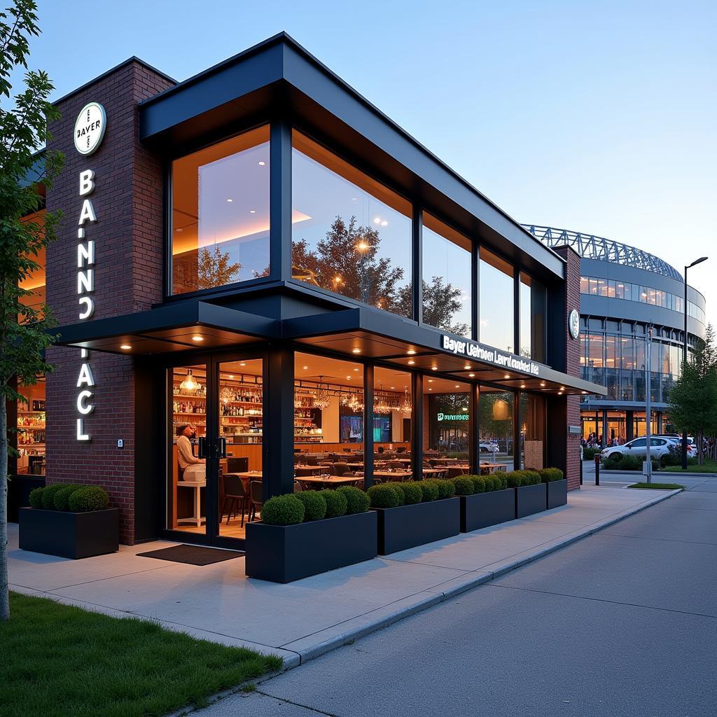 Moderne Fassade des Bayer Leverkusen Restaurants mit Blick auf die BayArena