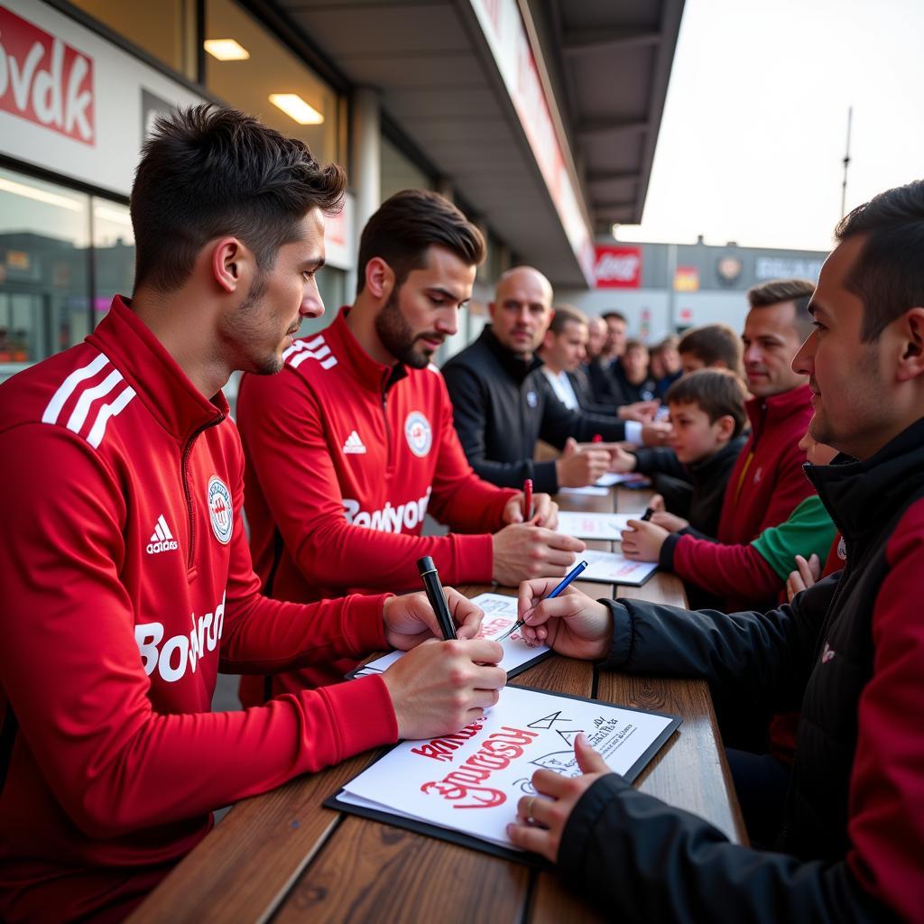 Bayer Leverkusen Spieler geben Autogramme