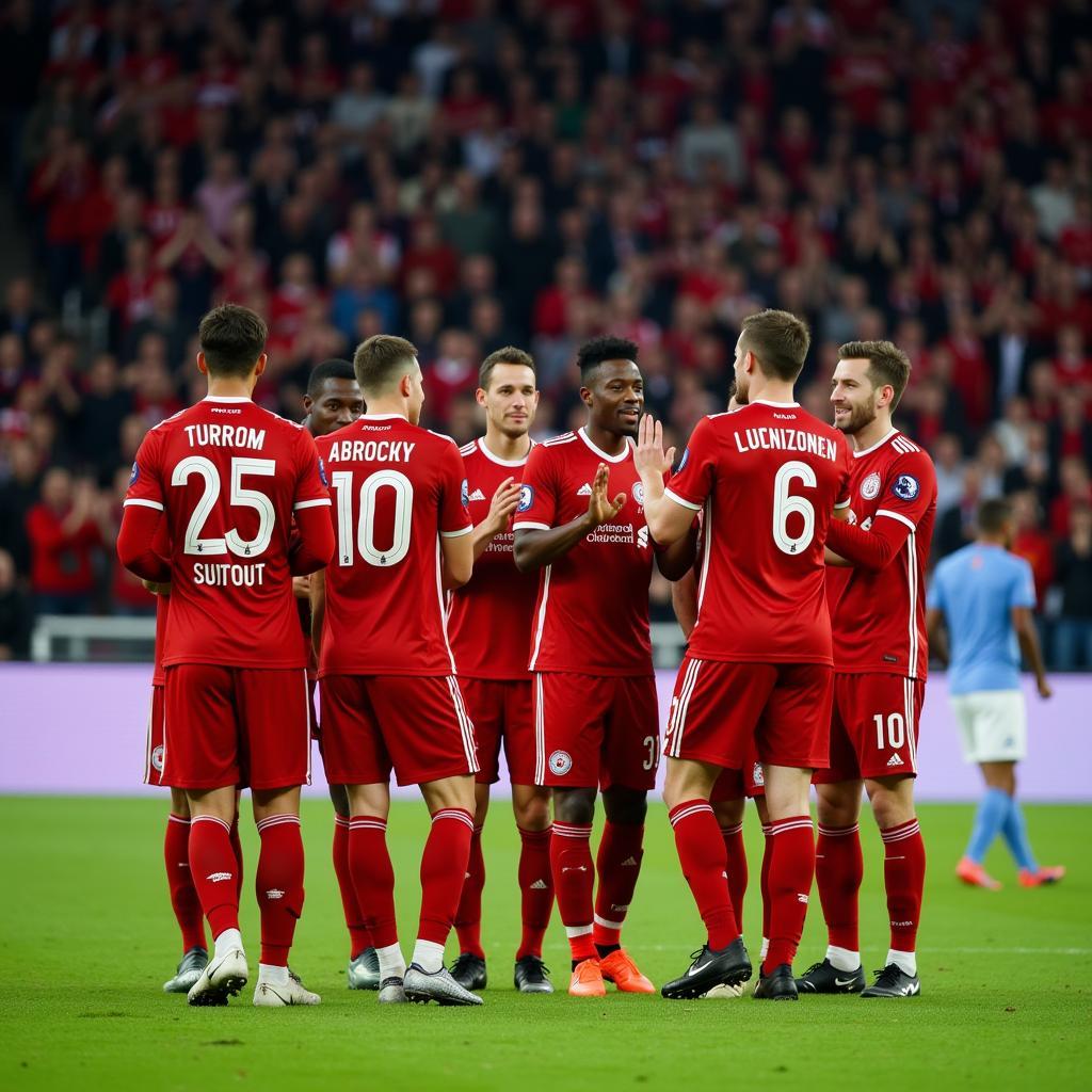 Bayer Leverkusen Spieler bedanken sich nach dem Spiel bei den Fans