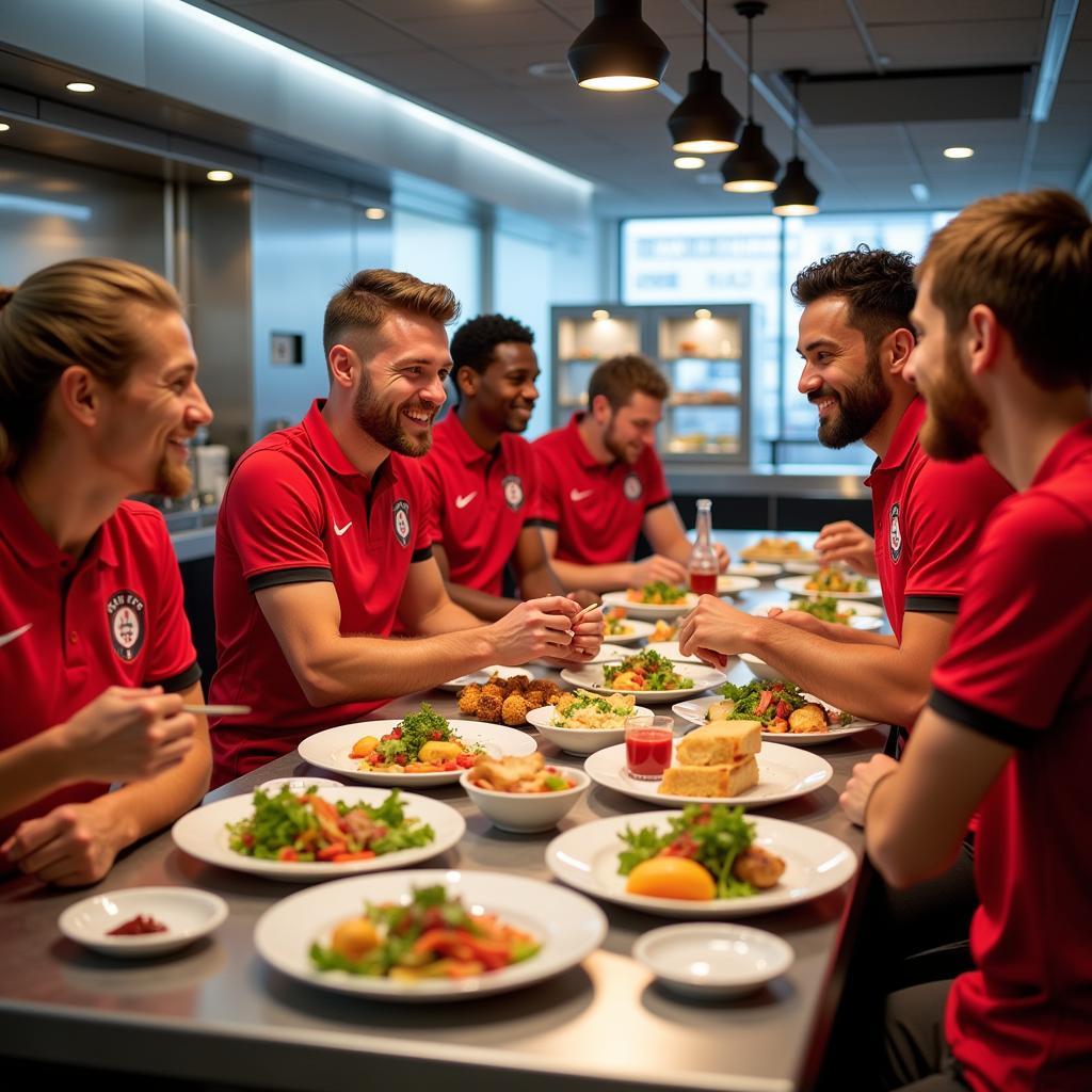 Bayer Leverkusen Spieler beim gemeinsamen Essen