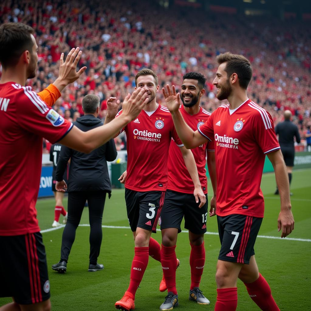 Spieler von Bayer Leverkusen feiern mit den Fans