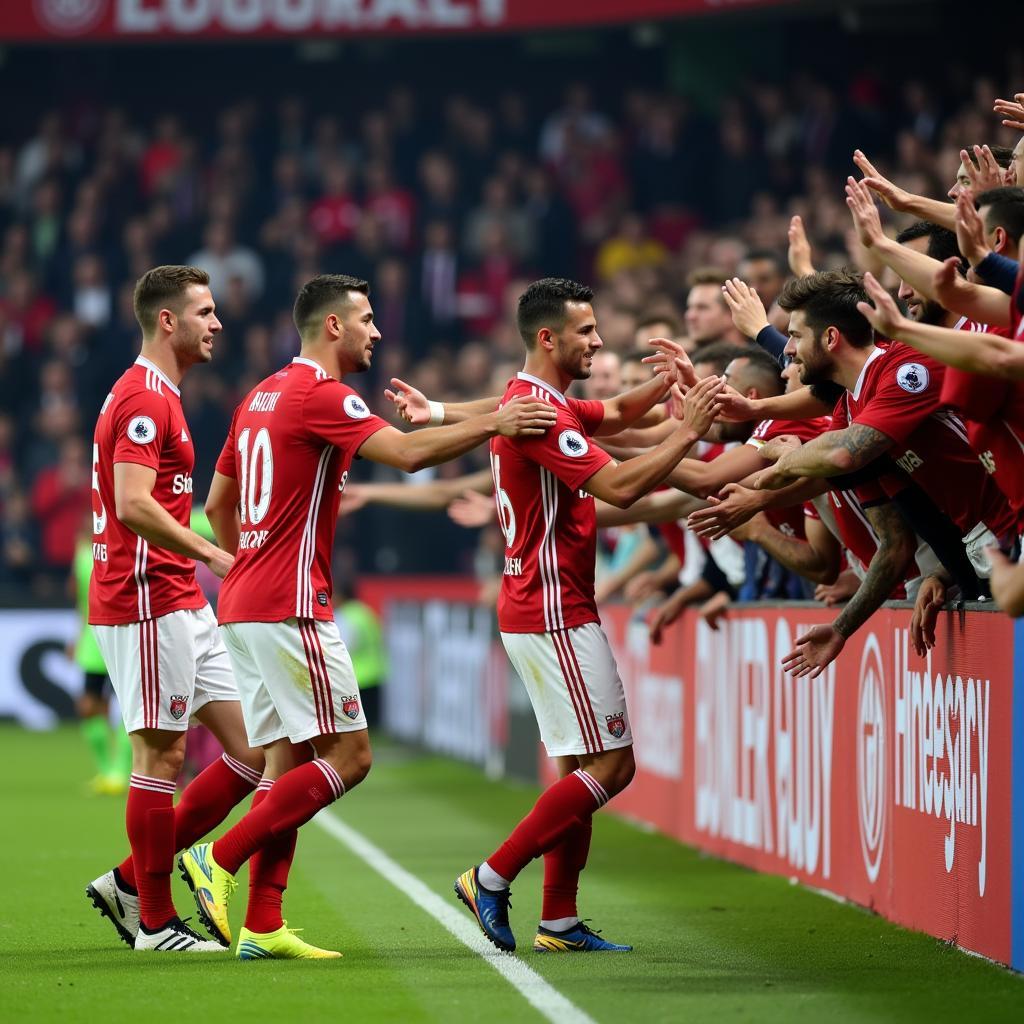 Spieler von Bayer 04 Leverkusen feiern mit Fans nach einem Sieg 