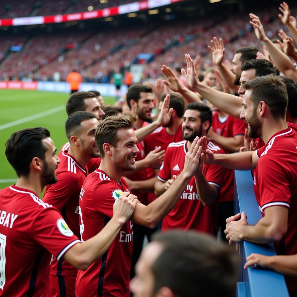 Bayer Leverkusen Spieler feiern Sieg mit Fans