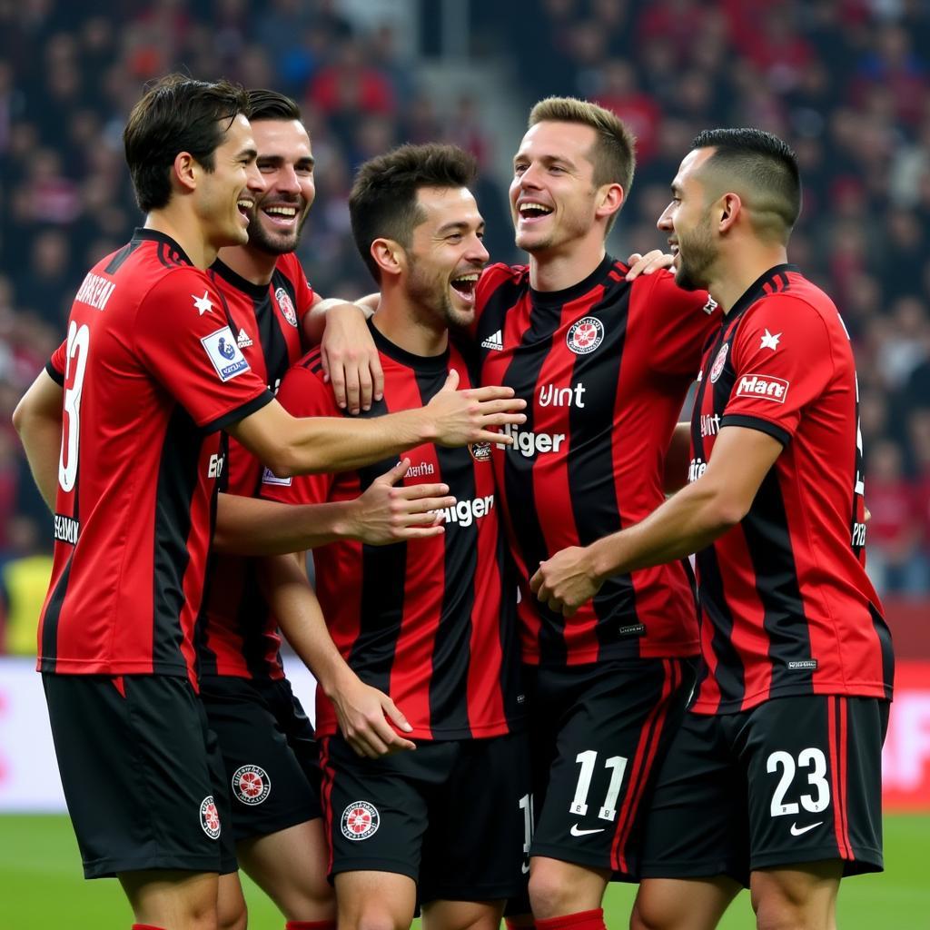 Spieler von Bayer 04 Leverkusen feiern ein Tor vor jubelnden Fans