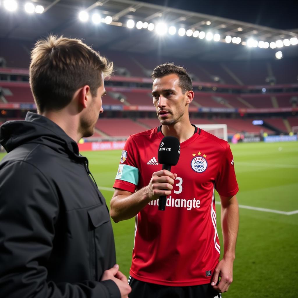 Bayer Leverkusen Spieler gibt Interview nach dem Spiel