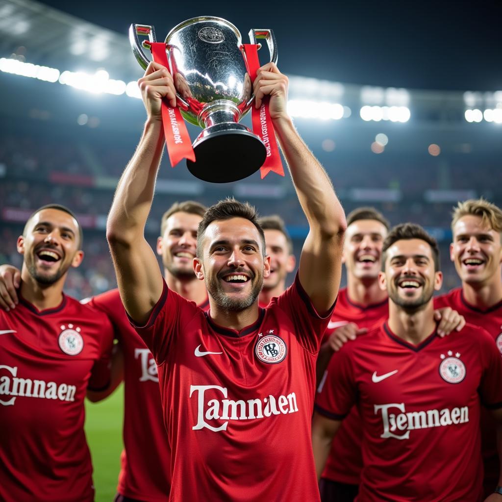 Bayer Leverkusen Spieler mit einem Pokal