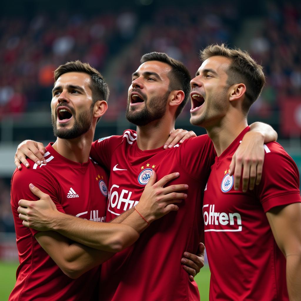 Bayer Leverkusen Spieler singen Hymne mit Fans