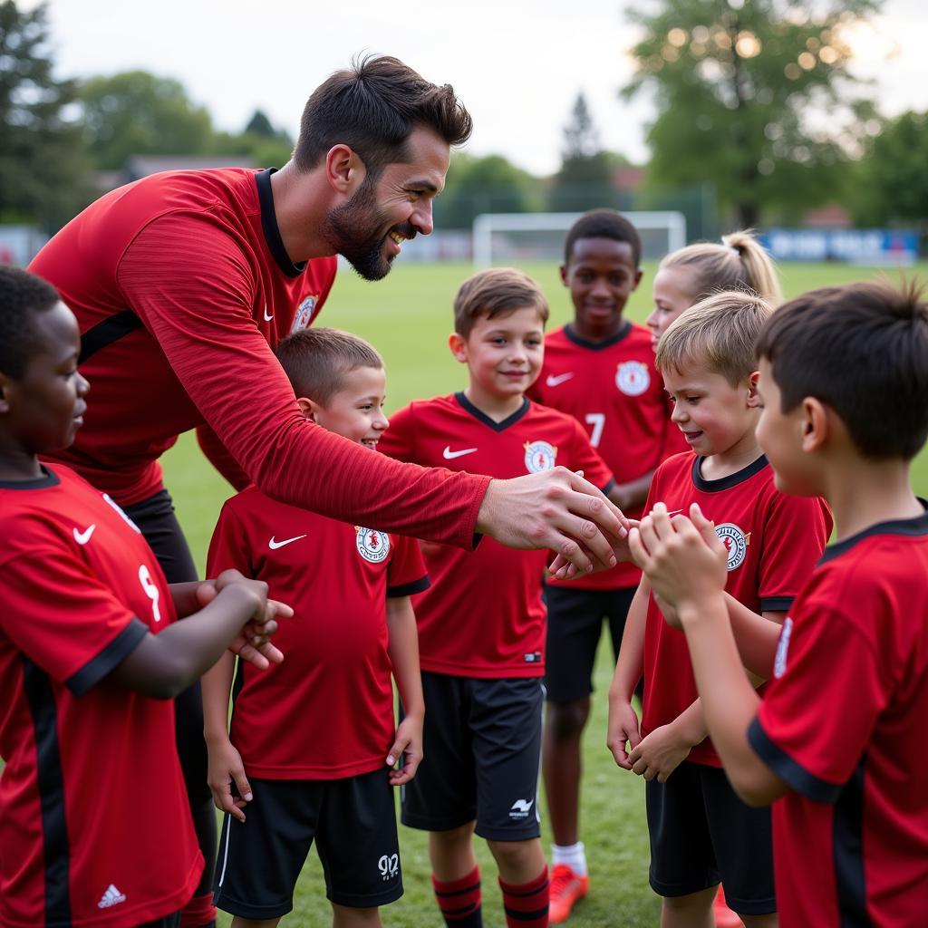 Spieler von Bayer Leverkusen trainieren mit Kindern