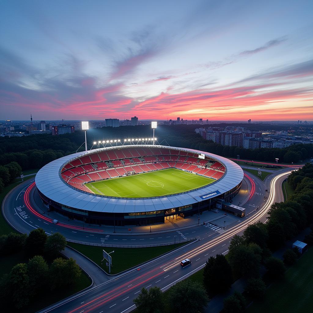 Das BayArena Stadion von Bayer Leverkusen direkt an der Autobahn A1