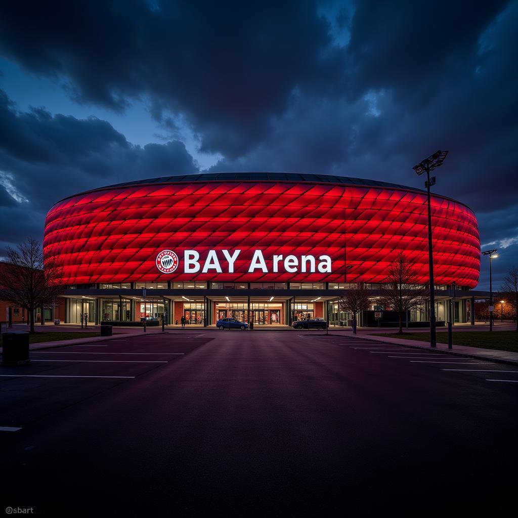 Die BayArena, Heimstadion von Bayer Leverkusen, erstrahlt in den Vereinsfarben Schwarz und Rot.