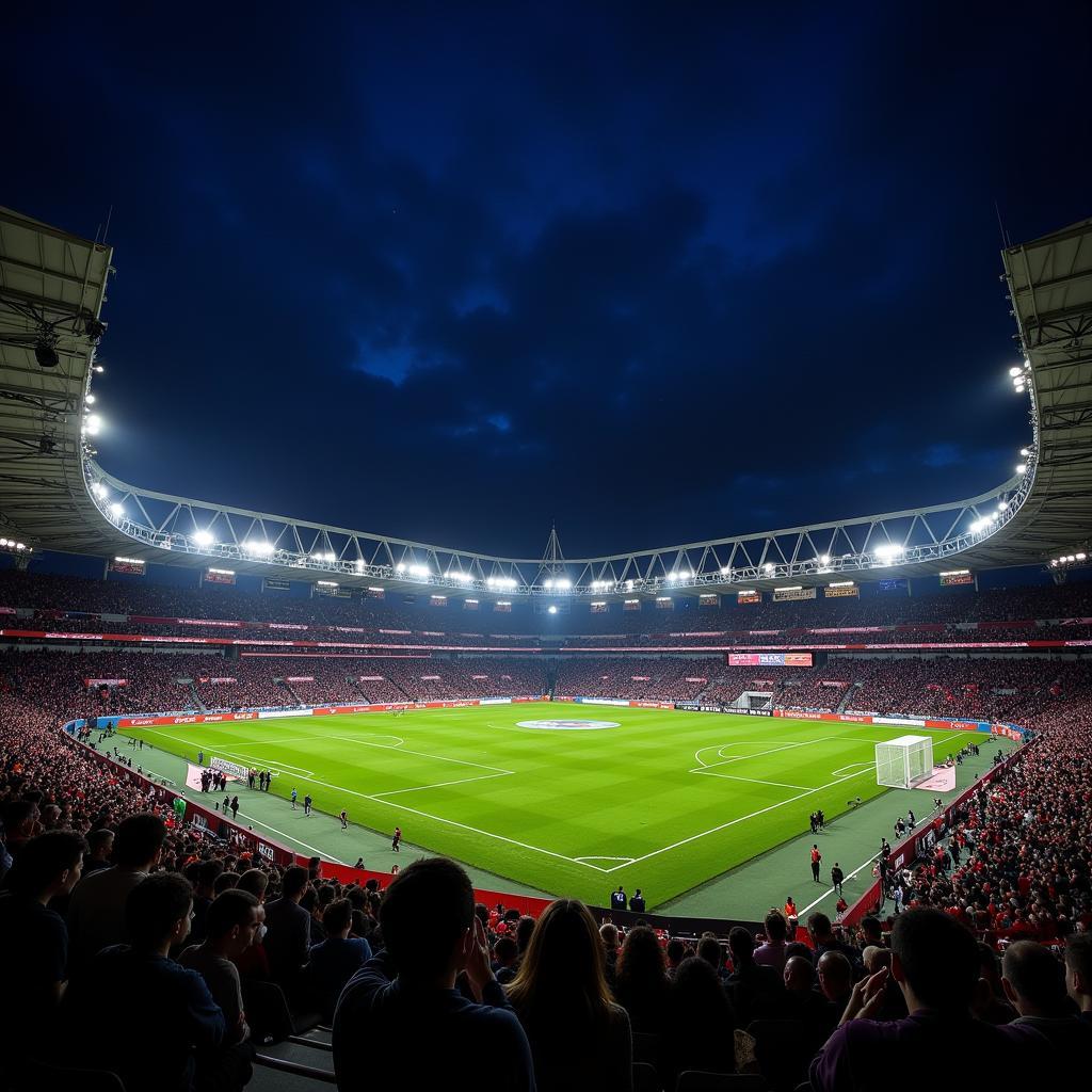 Die BayArena erstrahlt bei Nacht in Leverkusen