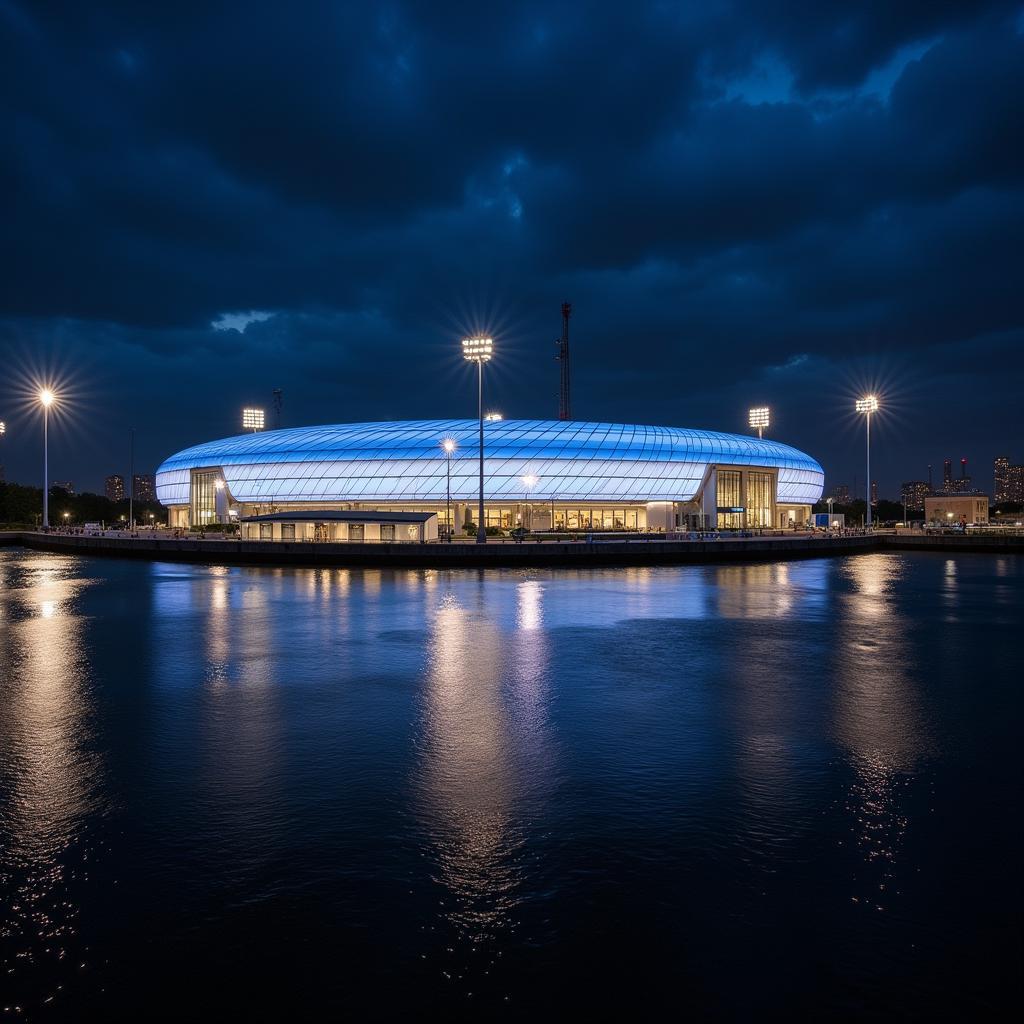 Nachtansicht des Bayer Leverkusen Stadions mit Flutlichtbeleuchtung