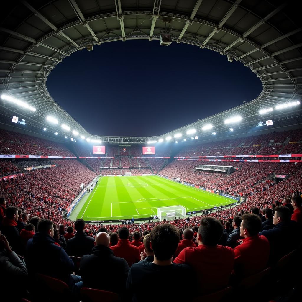 Panoramablick auf das Stadion des Bayer Leverkusen mit jubelnden Fans