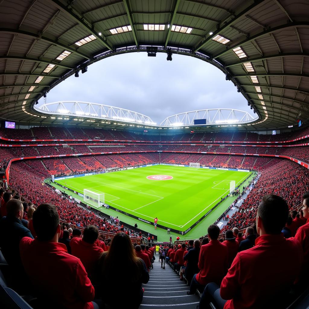 Die BayArena, das Heimstadion von Bayer 04 Leverkusen, gefüllt mit Fans