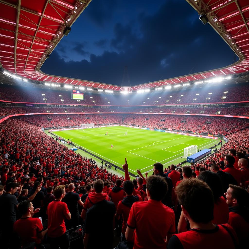 Jubelnde Fans im Stadion von Bayer Leverkusen