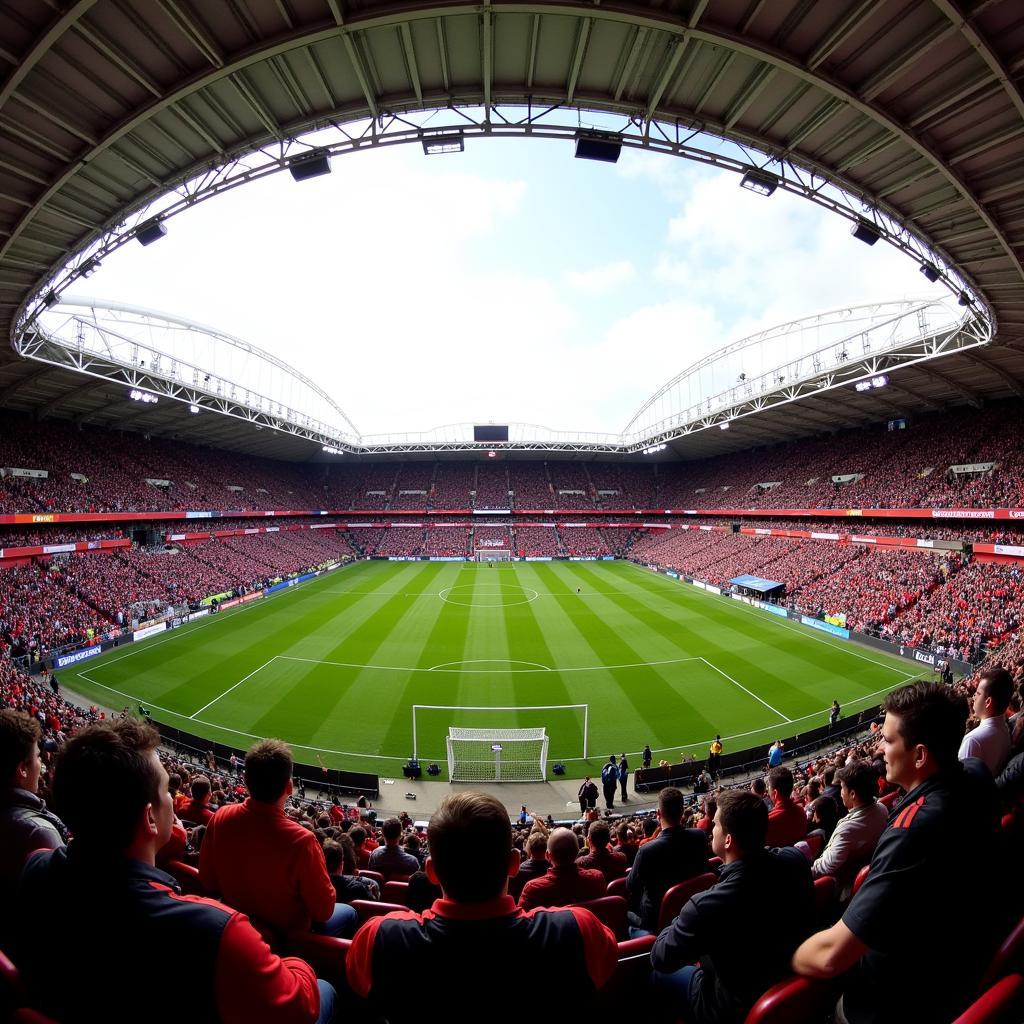 Die BayArena, das Heimstadion von Bayer Leverkusen, gefüllt mit jubelnden Fans