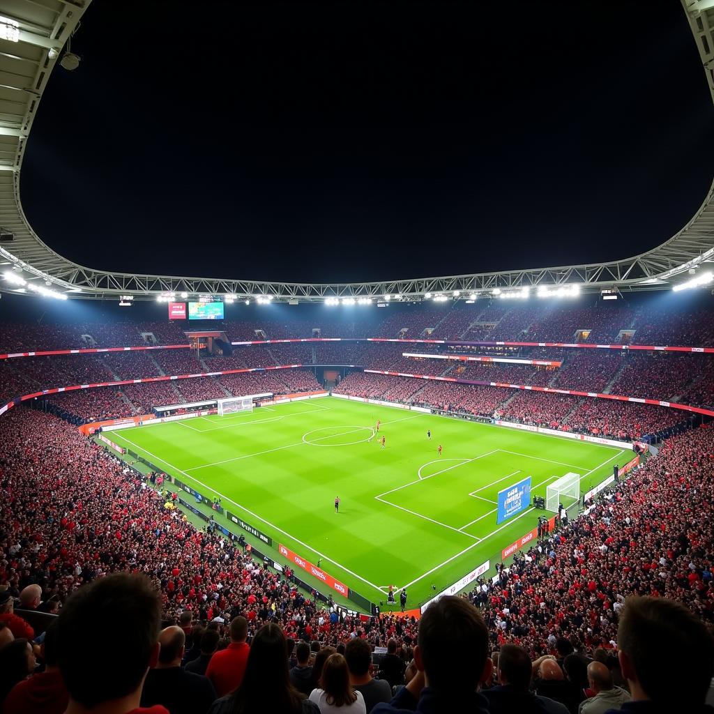 Die BayArena, das Stadion von Bayer Leverkusen, gefüllt mit feiernden Fans