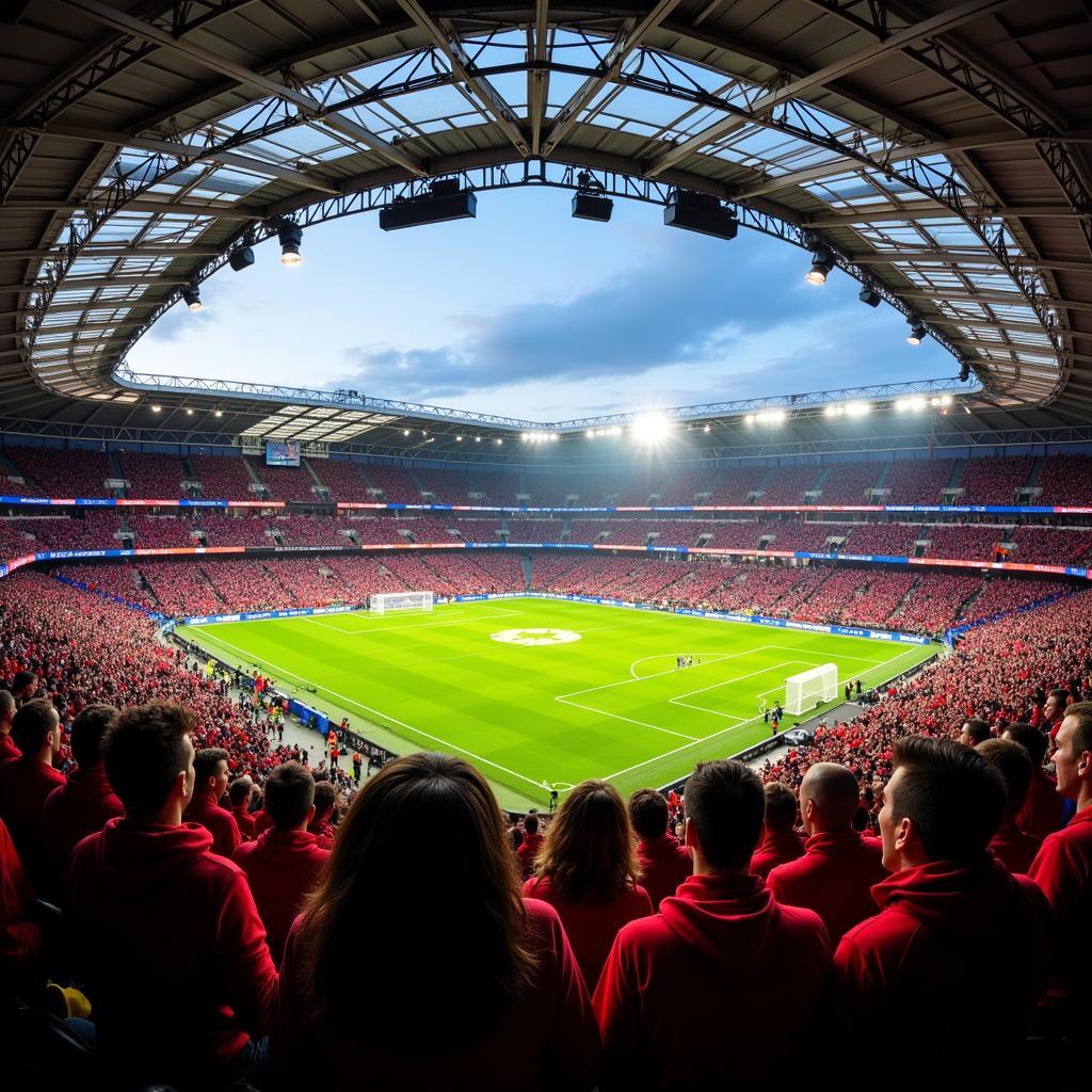 Jubelnde Fans im Stadion von Bayer Leverkusen