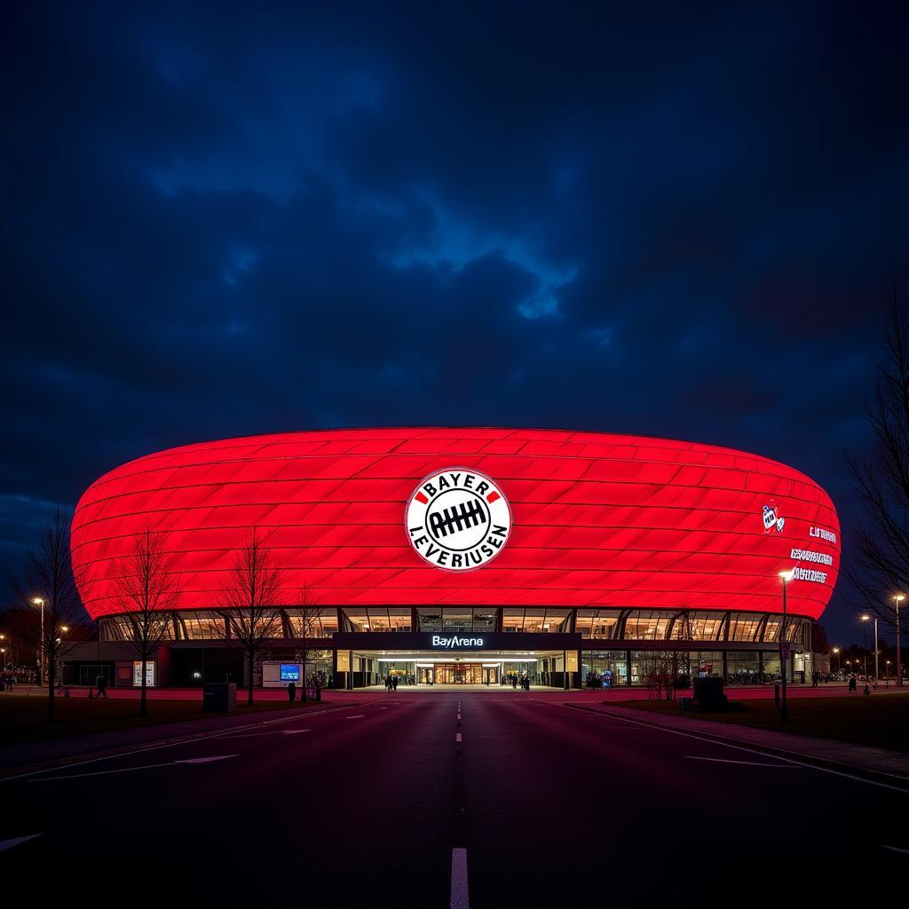 Die BayArena erleuchtet in den Farben von Bayer Leverkusen bei Nacht