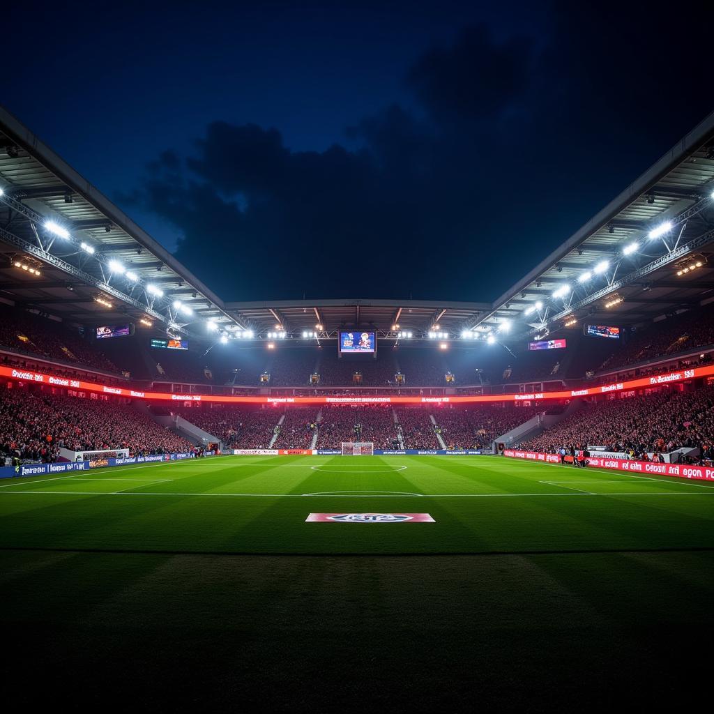 Das beleuchtete Stadion von Bayer 04 Leverkusen bei Nacht