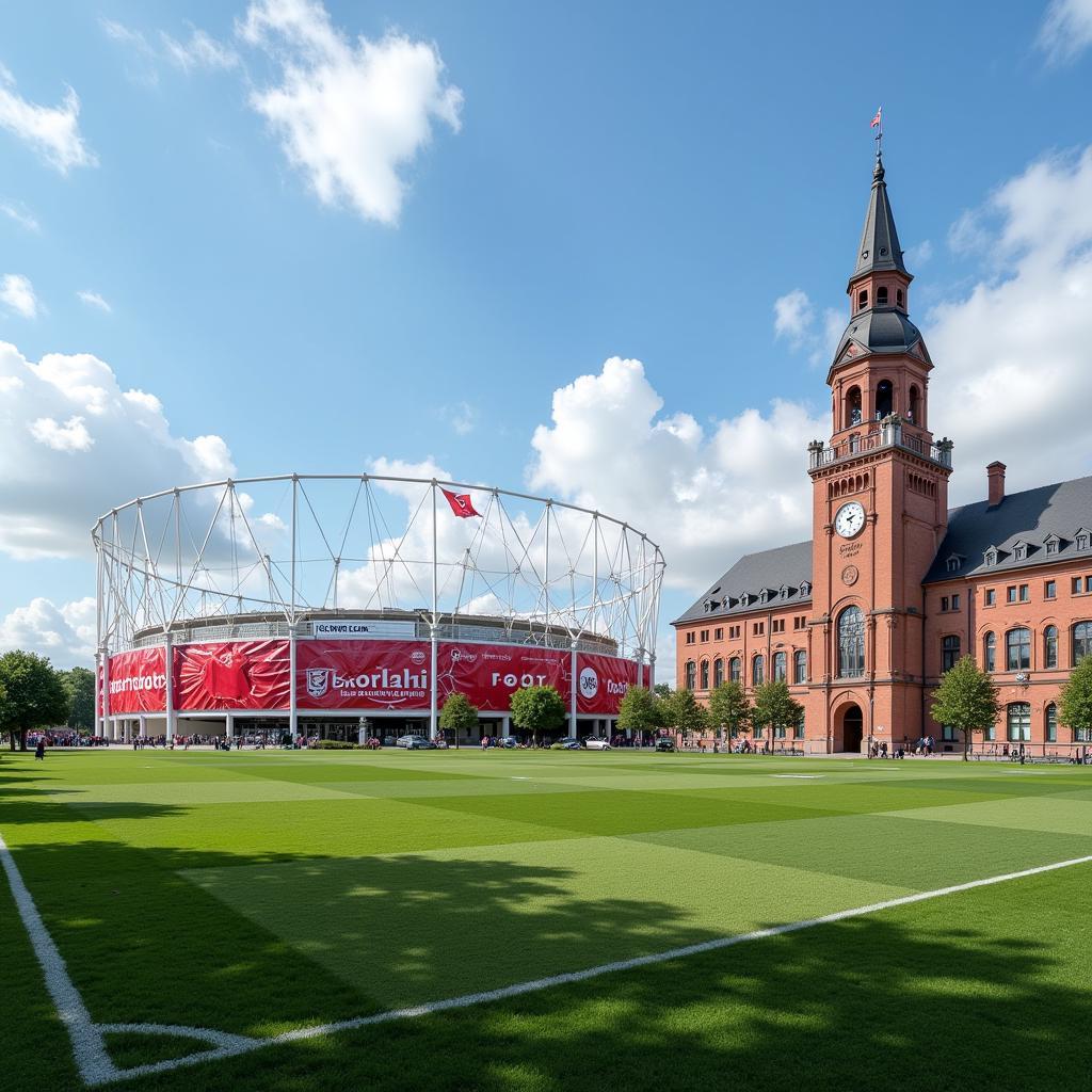 Das Bayer Leverkusen Stadion und das Rathaus in Leverkusen