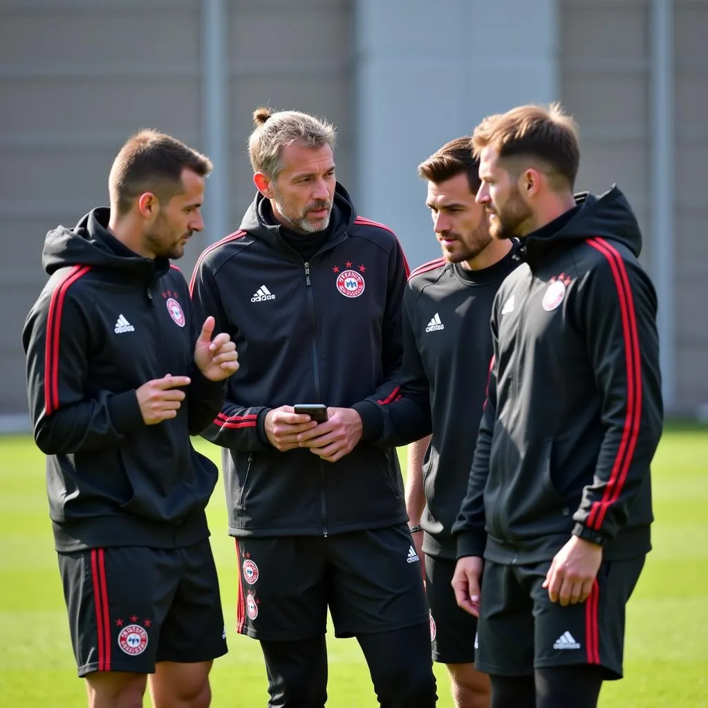 Der Trainer von Bayer Leverkusen bespricht die Taktik mit seinen Spielern